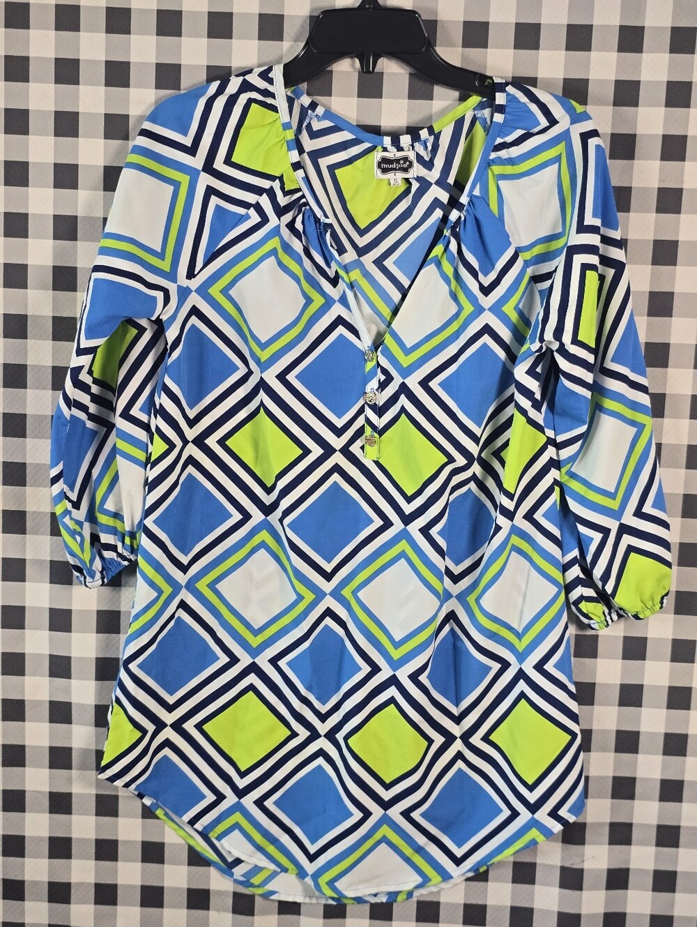 Mud Pie Women Small Beach Cover Up Dress Blue Green Geometric Print Tunic